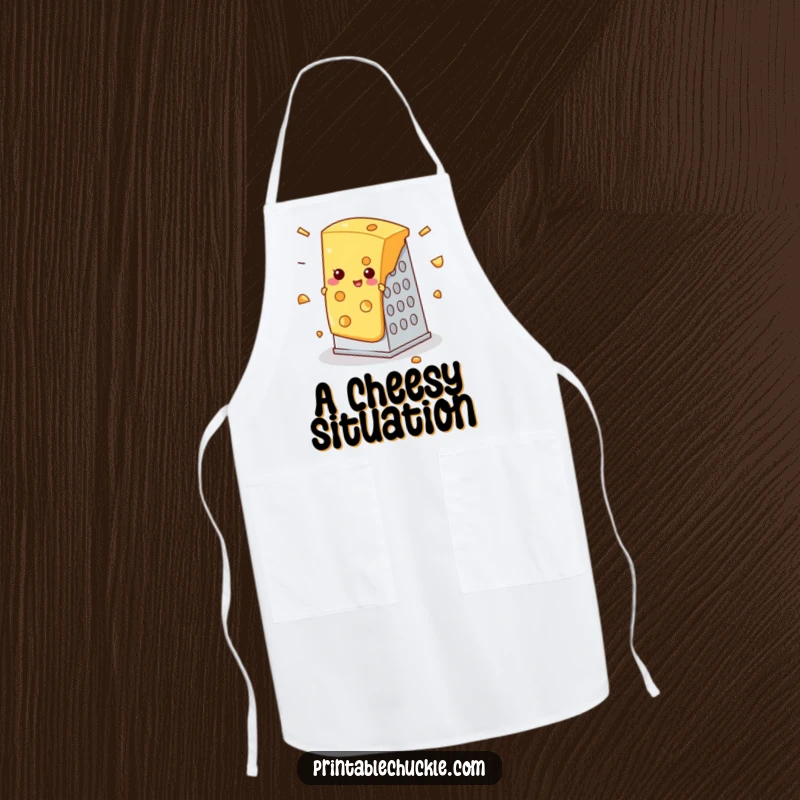 Funny apron showing a slice of cheese comically stuck in a cheese grater, perfect funny gift for chefs.