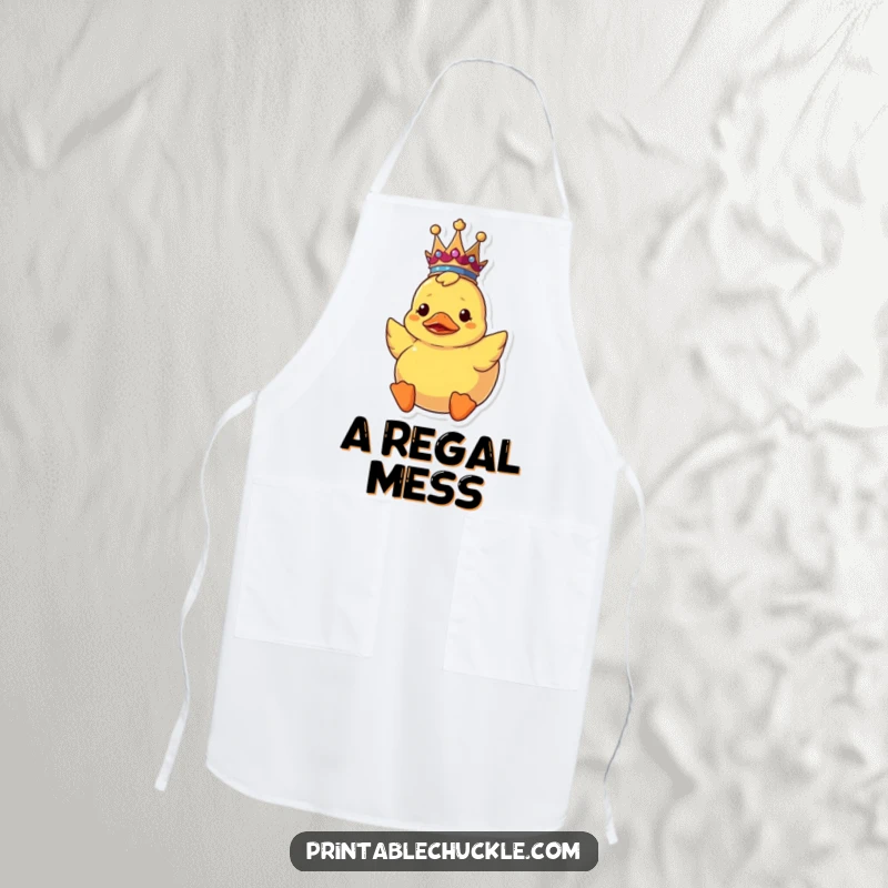 Funny upside down rubber duck apron with a crown, showing a confused royal bath toy in the kitchen.