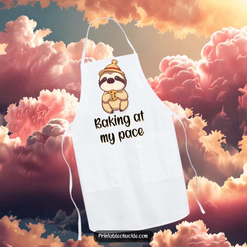 Funny apron: a lazy sloth in a small hat, reaching for a cookie, ideal for kitchen humor.