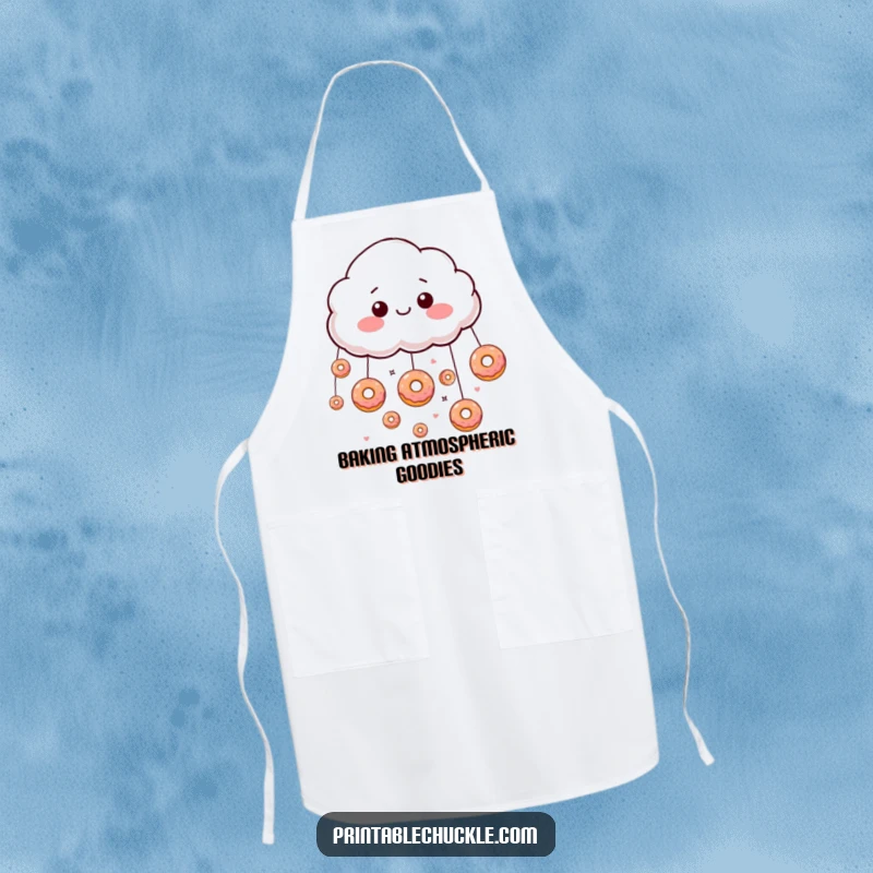 Funny giddy cloud raining floating donuts on an apron, ready for sweet kitchen fun.