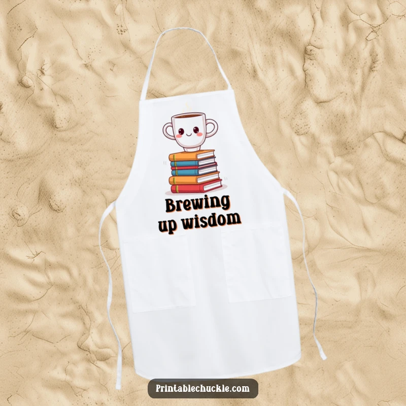 Funny apron with a smiling coffee cup precariously balancing on a wobbly stack of books, a humorous and practical accessory.