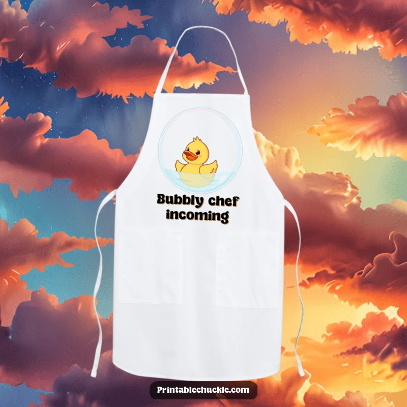 Funny Rubber Duck Apron: A giggling rubber duck floats on a giant bubble, perfect for keeping clean while having fun.