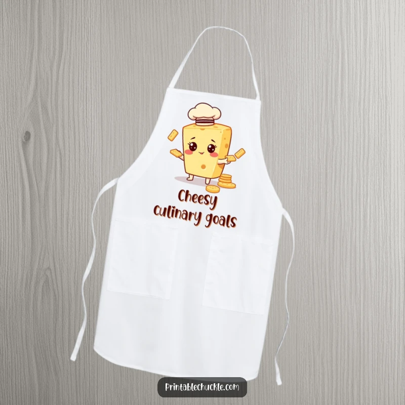 Funny kitchen apron depicting a cheese character in a chef hat, comically juggling crackers while cooking.