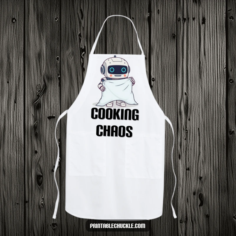 Funny apron featuring a clumsy robot hilariously attempting to fold a fitted sheet, perfect for kitchen fun.