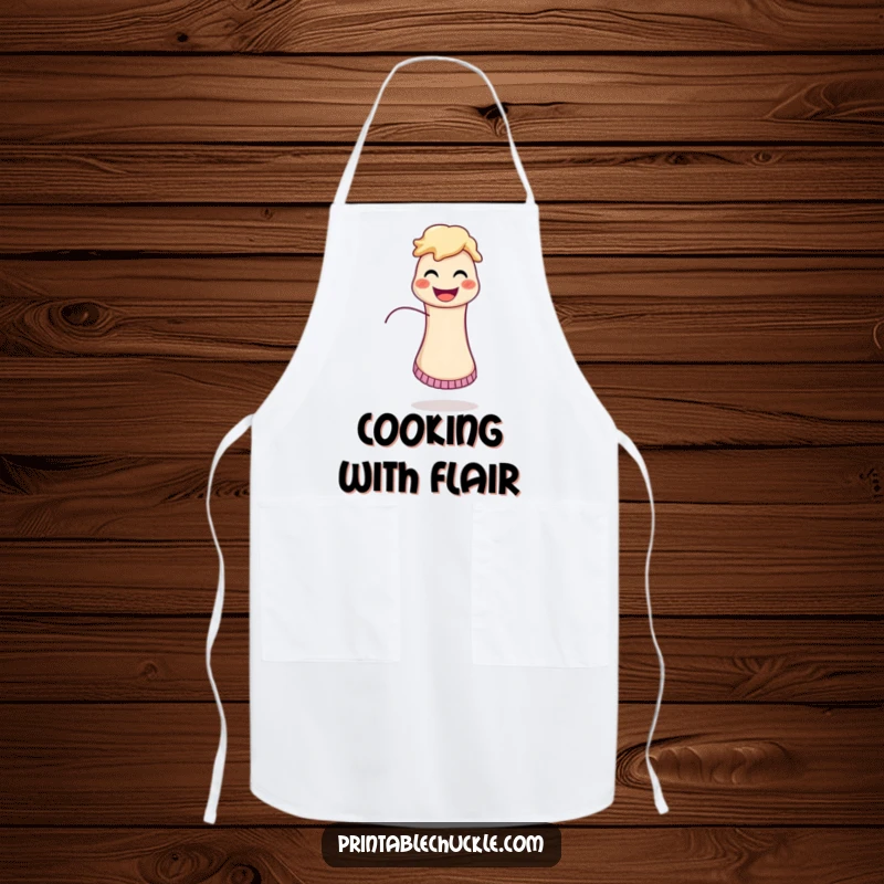 Funny apron showcasing a cheerful sock puppet with its string amusingly escaping, perfect for kitchen fun.