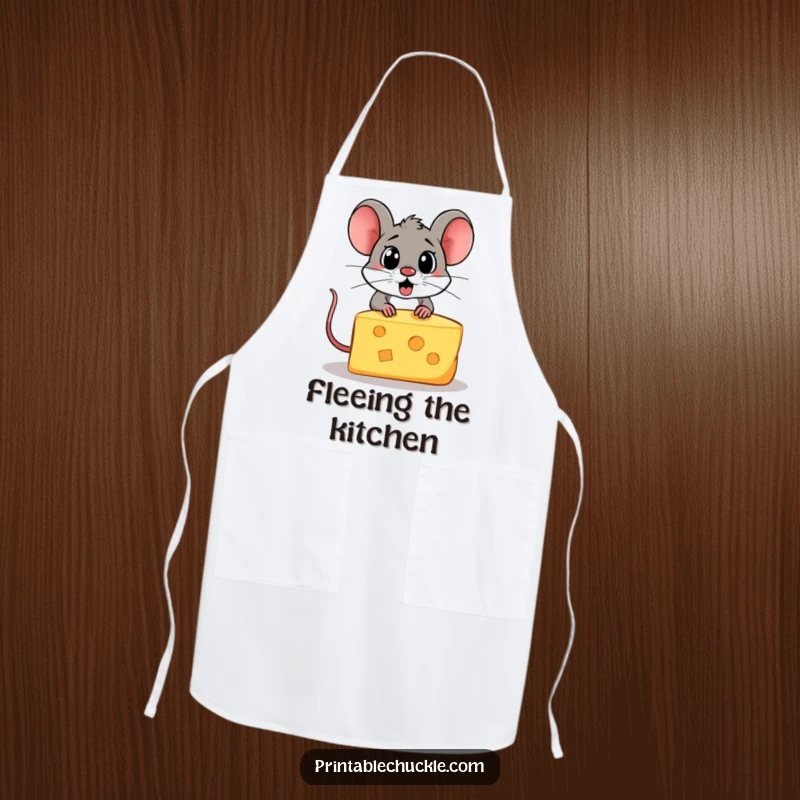 Funny apron print of a startled piece of cheese escaping from a hungry cartoon mouse while cooking.