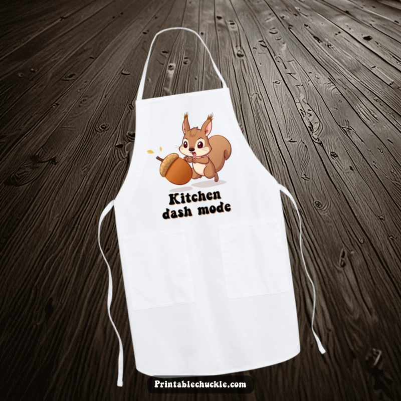 Funny startled acorn running from a determined squirrel, featured on a funny apron, adding humor to the kitchen, a funny gift.