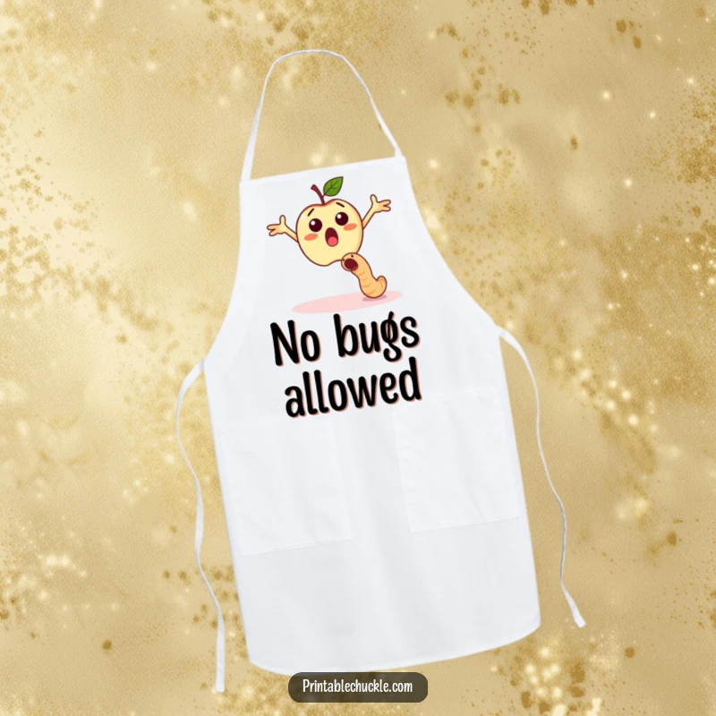 Funny surprised apple dodging a falling worm, a humorous apron.