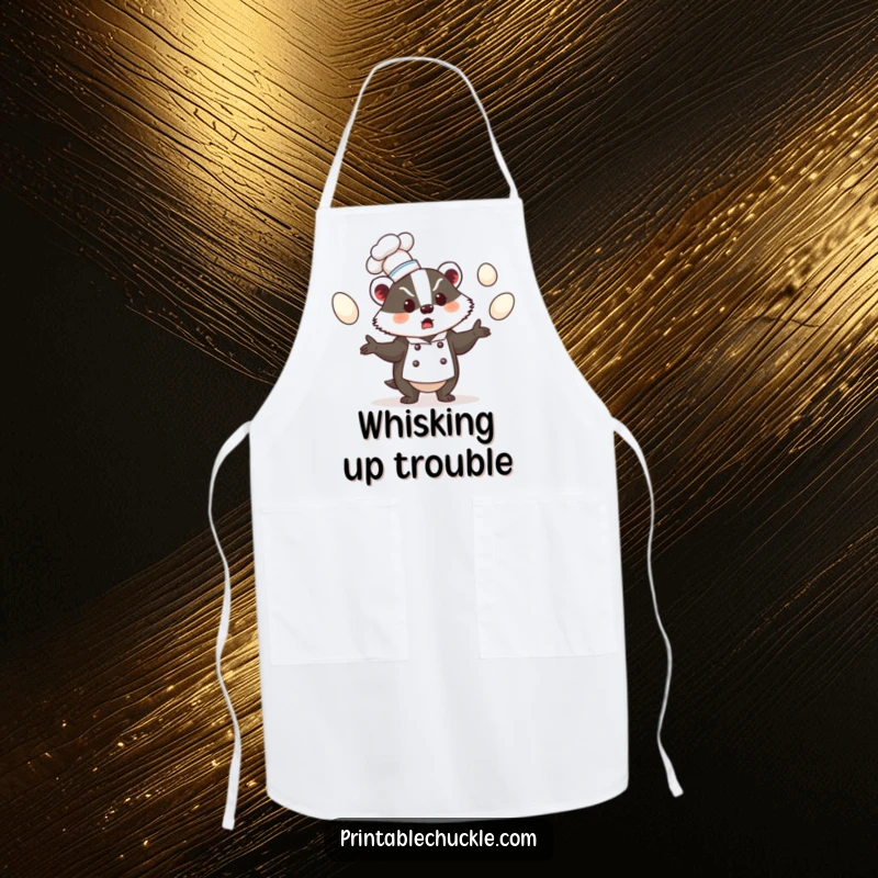 Funny apron showing a bewildered badger in a chef hat, juggling eggs, perfect funny gift for chefs.