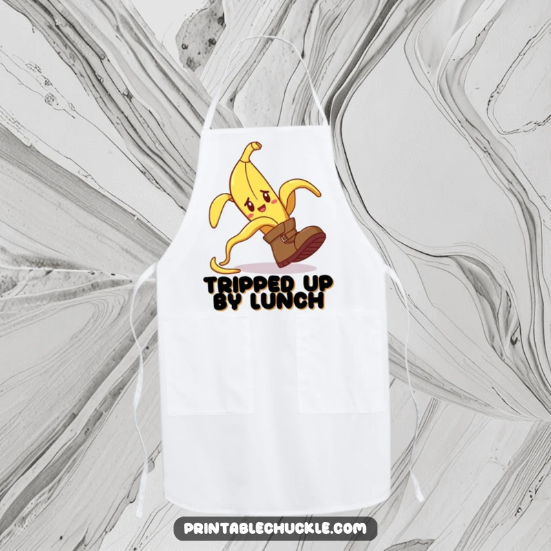 Funny apron showing a banana peel comically tripping a confused boot, ideal for a humorous cooking experience.