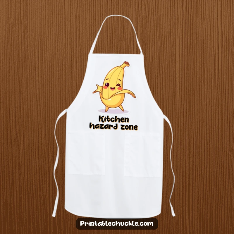 Funny apron with a smiling banana character comically tripping over its peel, adding playful mishap to cooking.