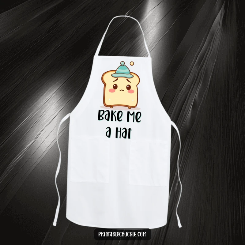Funny Apron showcasing a bewildered piece of toast wearing a tiny crooked hat, perfect for cooking with comical flair.