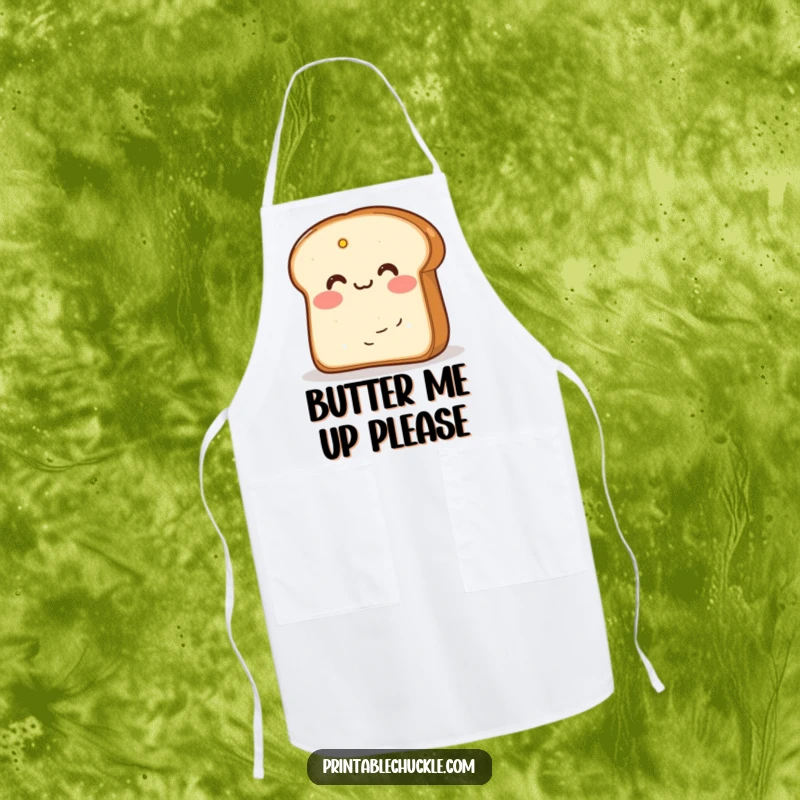 Funny apron with blushing bread hiding behind butter, adding cute and humorous charm to the kitchen.