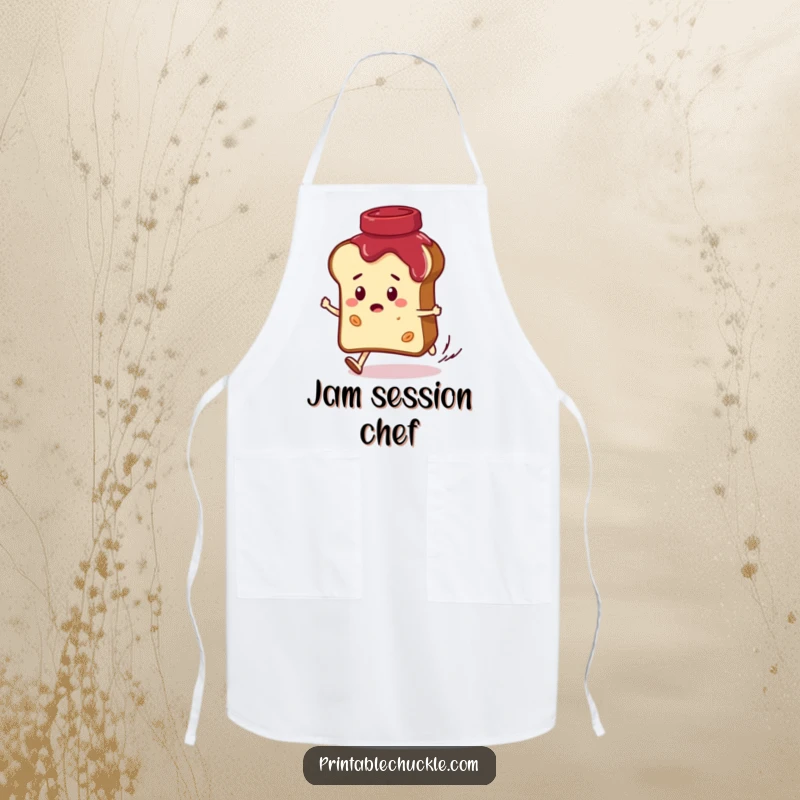 Funny apron depicting a convinced bread slice character being chased by a giggling jar of jam, bringing humorous breakfast-themed fun to the kitchen.