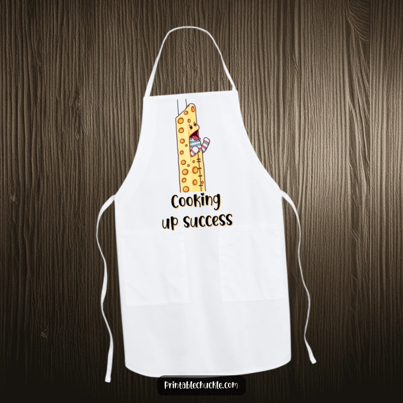 Funny sock puppet apron showing a determined puppet climbing a skyscraper made of cheese in the kitchen.