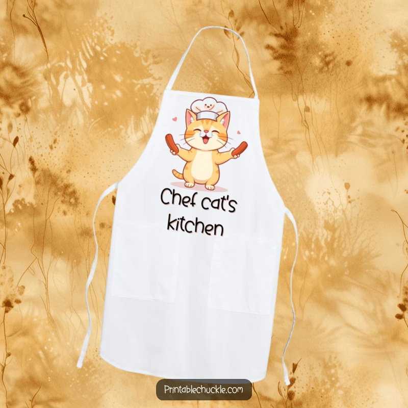 Funny apron depicting a cat wearing a tiny chef hat comically juggling spinning hot dogs, bringing humorous culinary-themed fun to the kitchen.