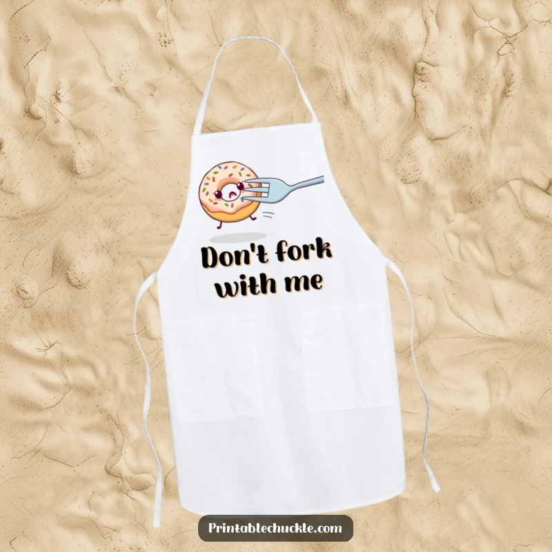 Funny apron depicting a nervous donut with sprinkles being chased by a giant fork, adding humor to kitchen tasks, a gift.