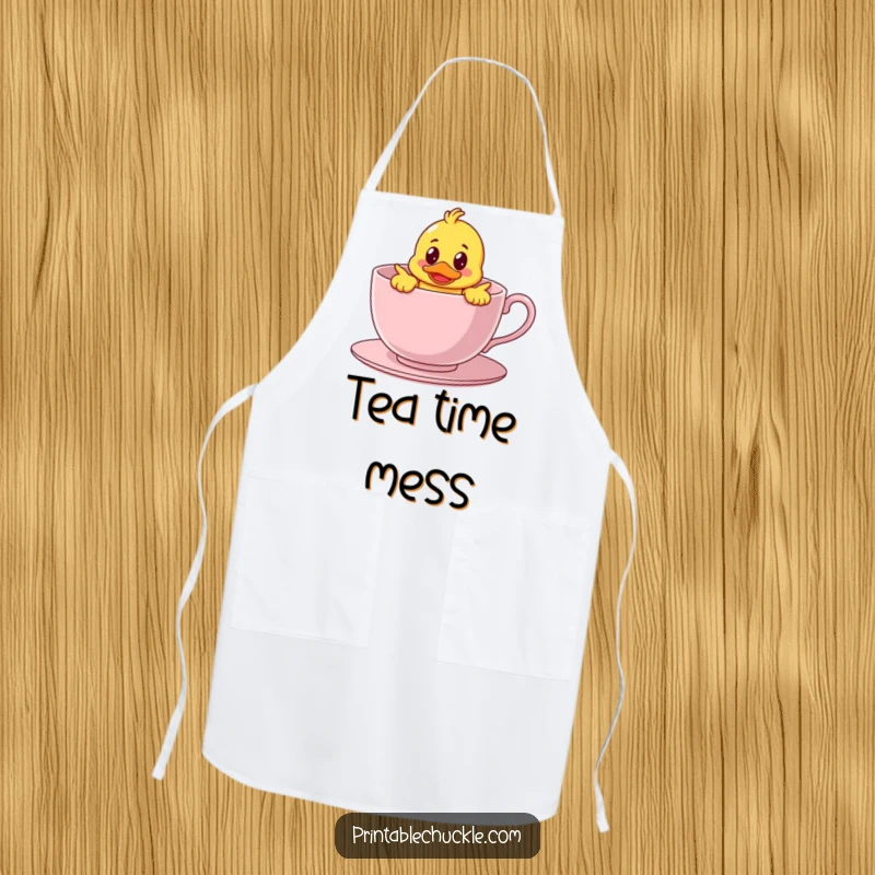 Funny apron depicting a bewildered rubber duck character hilariously stuck inside a giant teacup, bringing cute and humorous vibes to the kitchen.