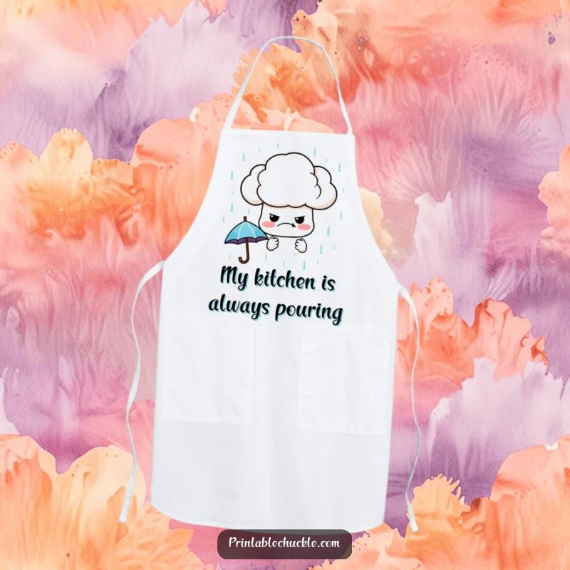 Funny apron featuring a grumpy cloud raining miniature umbrellas, designed for kitchen fun and protecting clothes with a humorous touch.