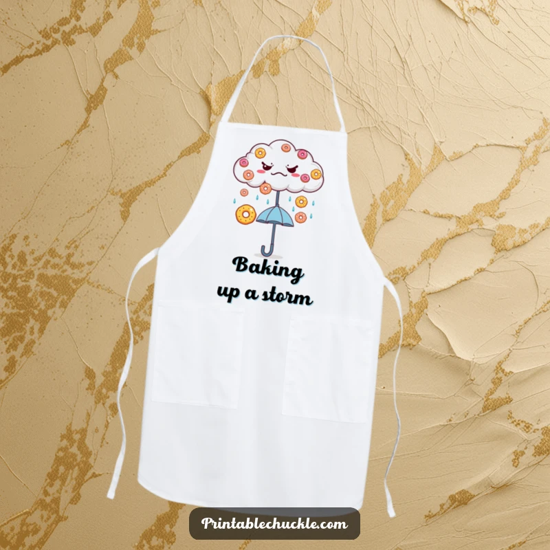Funny Grumpy Cloud Donut Rain Apron: A grumpy cloud rains donuts onto a happy umbrella, adding funny charm to cooking.