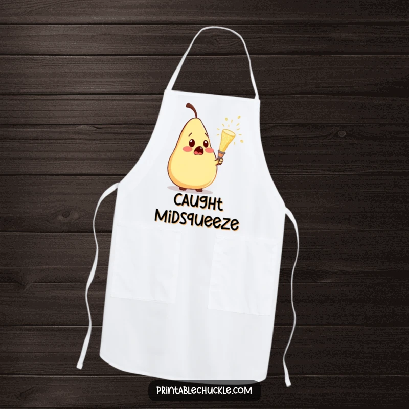 Funny apron depicting a surprised pear reacting to a popping champagne cork, ready for kitchen fun with a humorous twist.