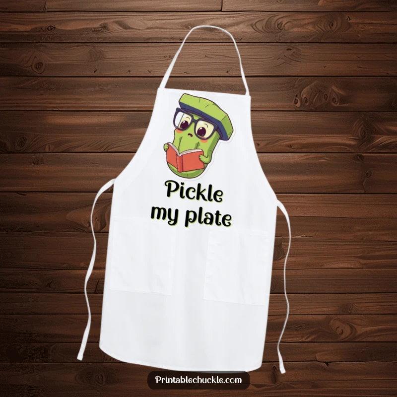 Funny Apron showing a proud pickle wearing oversized spectacles and reading a book upside down, perfect for cooking with humor.