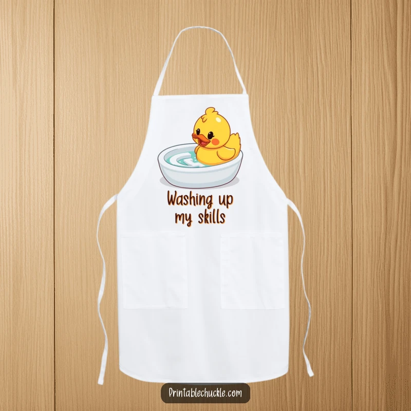 Funny apron: a determined rubber duck navigating a bathtub maze, perfect for kitchen humor.