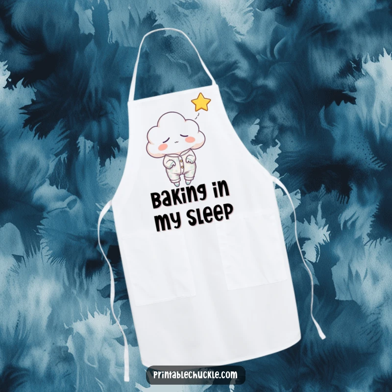 Funny sleepy cloud apron, wearing pajamas and trying to catch a falling star, a humorous and practical kitchen accessory.