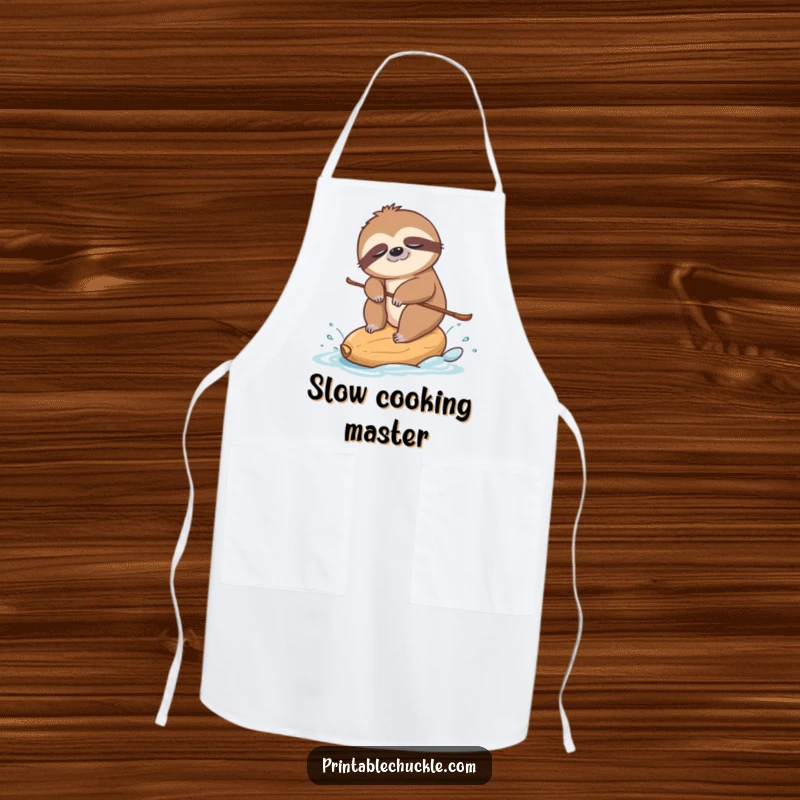 Funny apron depicting a sleepy sloth attempting to water ski on a cashew nut, ready for kitchen fun with a humorous twist.
