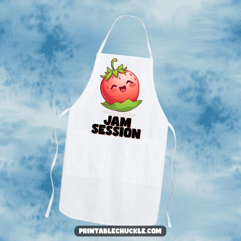 Funny strawberry apron, a happy berry trying to float on its leaf, for culinary adventures with a smile.
