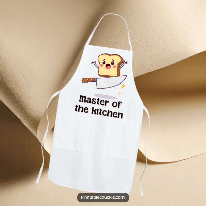 Funny apron featuring a piece of toast courageously jumping over a massive butter knife, perfect for humorous kitchen antics.