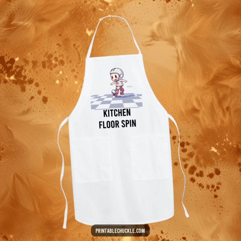 Funny kitchen apron depicting a roller skate character in a dizzy spin on a checkered floor, perfect for kitchen fun.