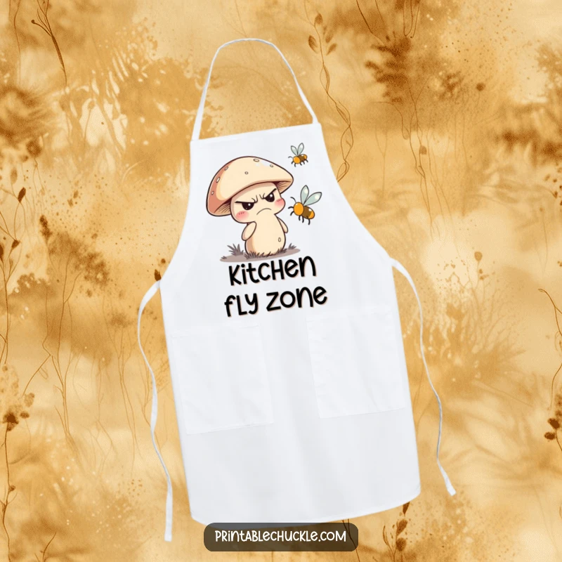 Funny kitchen apron depicting a grumpy mushroom character swatting at a buzzing fly, perfect for kitchen humor.