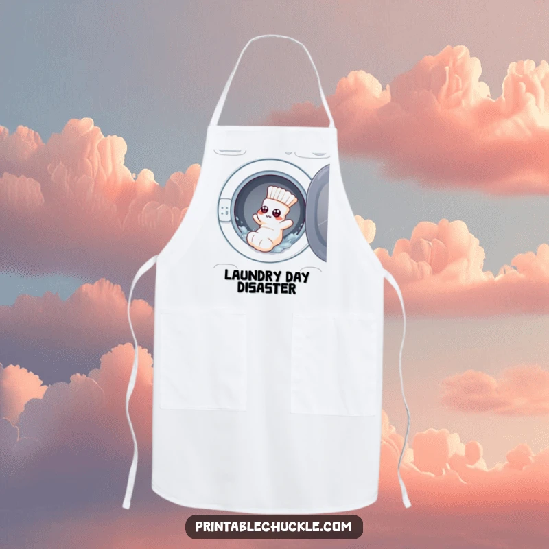 Funny apron: a flustered sock with googly eyes tumbling from a washing machine, perfect for laundry humor.