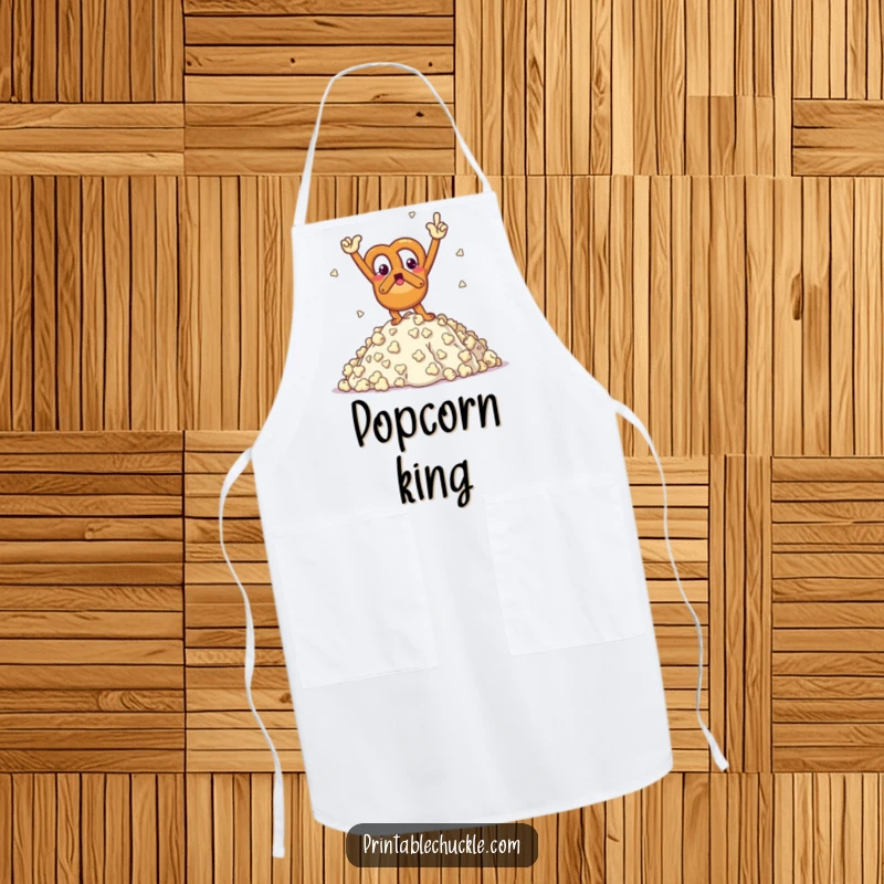 Funny apron featuring a triumphant pretzel character posing on a mountain of popcorn, perfect for a victorious cook.