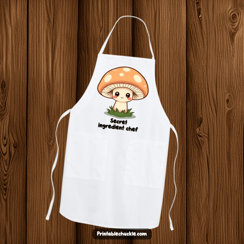 Funny apron with a shy mushroom peeking from an oversized, quirky hat, perfect for whimsical cooking.