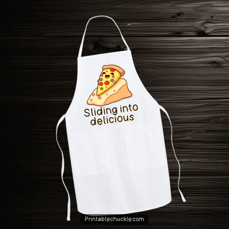 Funny happy pizza slice sliding down a cheese slope, featured on a funny apron, adding cheesy humor, a funny gift.