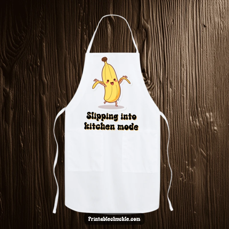 Funny dancing banana apron, hilariously spinning and attempting to peel itself, ready for kitchen chaos and laughs.