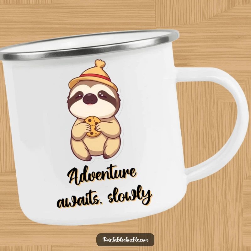 Funny camping mug: a lazy sloth in a small hat, reaching for a cookie, perfect for outdoor humor.