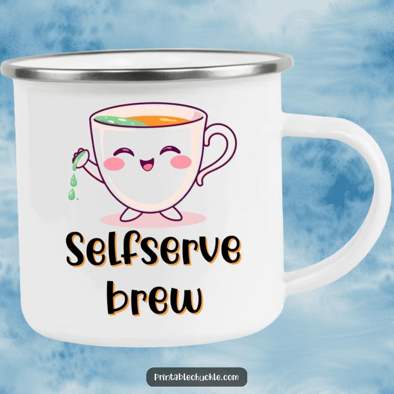 Funny enamel camping mug with a cheerful teacup character attempting self-pour, perfect for outdoor humor.