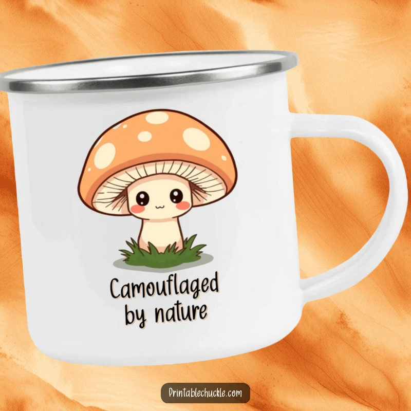 Funny camping mug with a shy mushroom peeking from an oversized, quirky hat, for whimsical adventures.