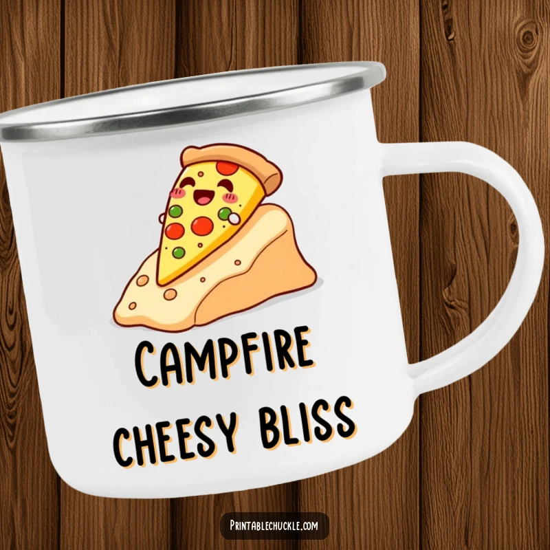 Funny happy pizza slice sliding down a cheese slope, on a durable camping mug, ready for delicious outdoor fun, a funny gift.