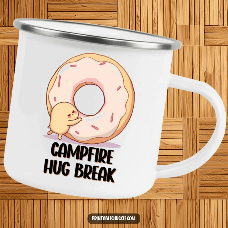 Funny enamel camping mug featuring a shy donut hugging a giant, smiling doughnut hole, perfect for outdoor use.