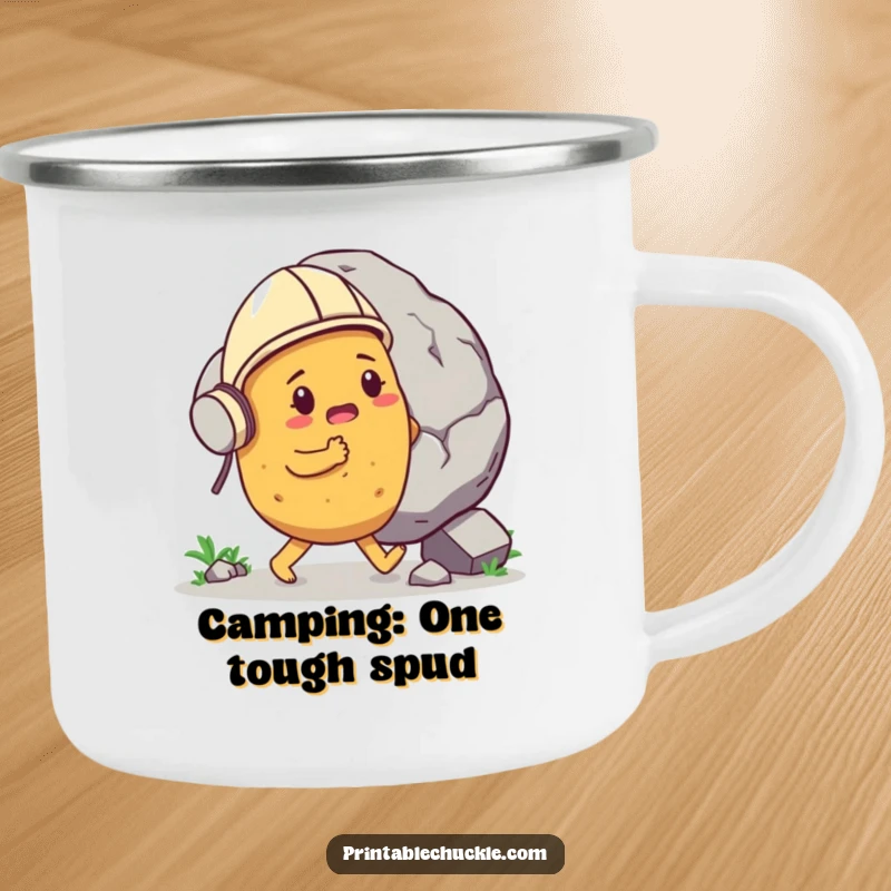 Funny determined potato wearing a tiny helmet, pushing a gigantic boulder, on an enamel camping mug, bringing hilarious motivation, a funny gift.