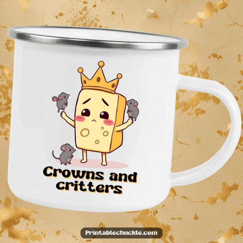 Funny enamel camping mug featuring a bewildered cheese slice wearing a crown, juggling mice, for outdoor use.