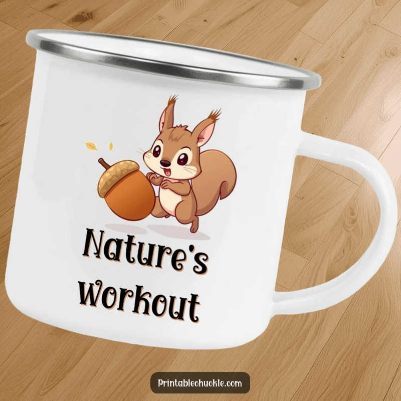 Funny startled acorn fleeing a determined squirrel, on a durable camping mug, ready for outdoor adventures, a funny gift.