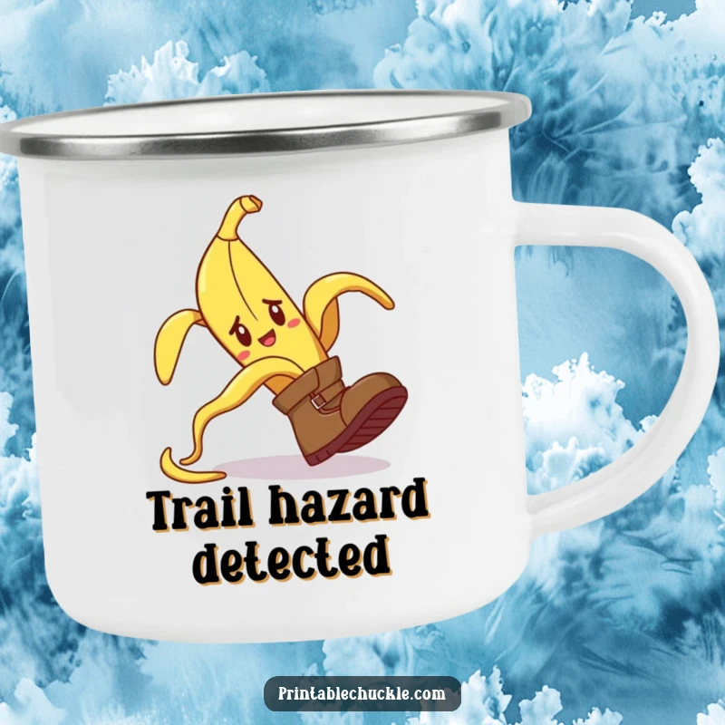 Funny camping mug with a banana peel comically tripping a confused boot, perfect for outdoor humor.