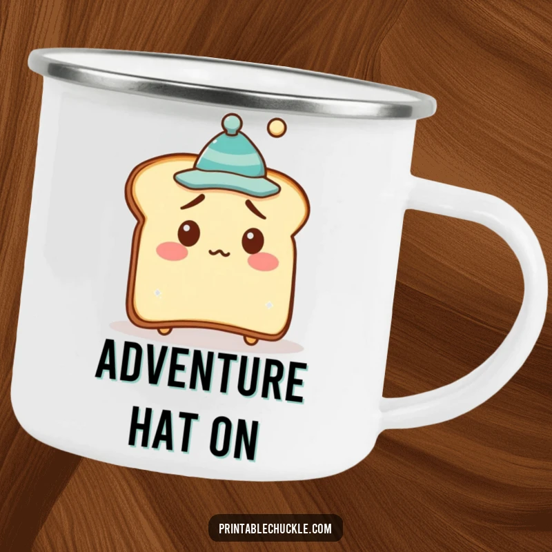 Funny Camping Mug featuring a bewildered piece of toast with a crooked hat, ideal for sipping drinks in the wild.