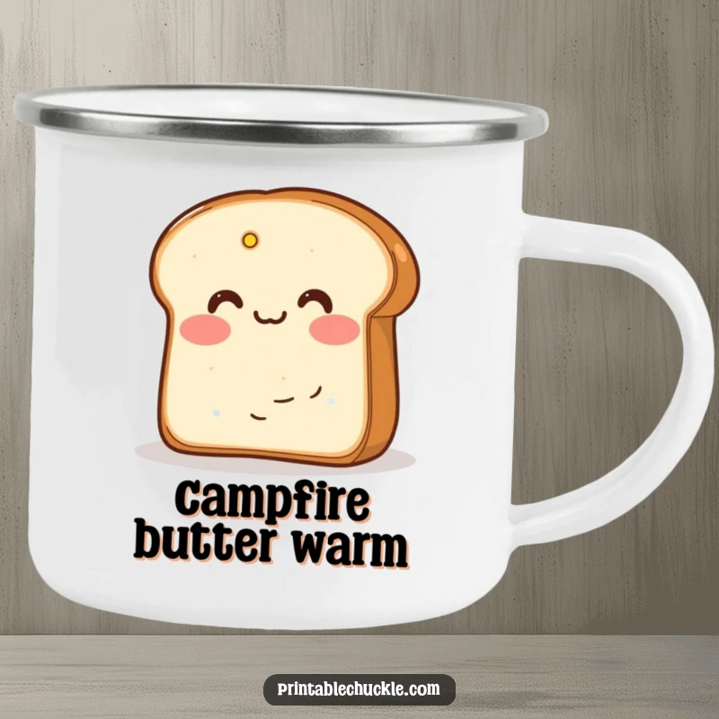 Funny camping mug with blushing bread hiding behind butter, perfect for cozy outdoor moments.