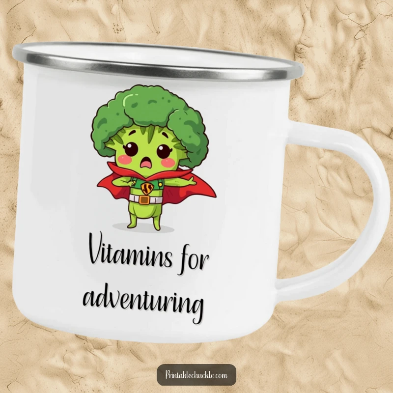 Funny camping mug with a surprised piece of broccoli wearing a superhero cape, a humorous gift for outdoor enthusiasts.